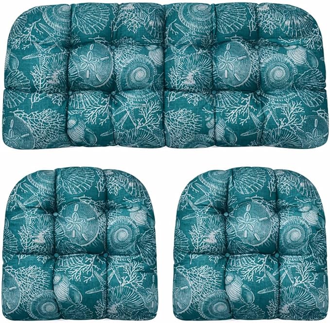 RSH DECOR: 3-Piece Wicker Tufted Cushion Set | 44" x 22" Loveseat & 22" x 22" U-Shapes | Outdoor Replacement Cushions | Water & Fade-Resistant Spun Fabric | Made in USA (Saltwater Atlantic)