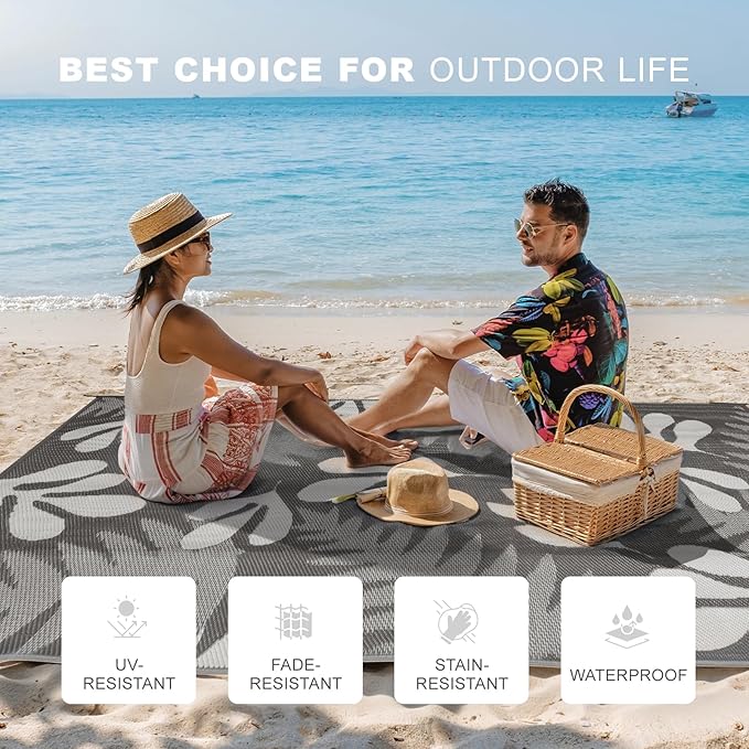 wikiwiki 9x12ft Outdoor Rug, Reversible Plastic Patio Rug Waterproof, Indoor Outdoor Carpet Clearance, Large Area Carpet for Patio Deck Balcony Pool RV Camping Beach Picnic, Grey Small Leaves