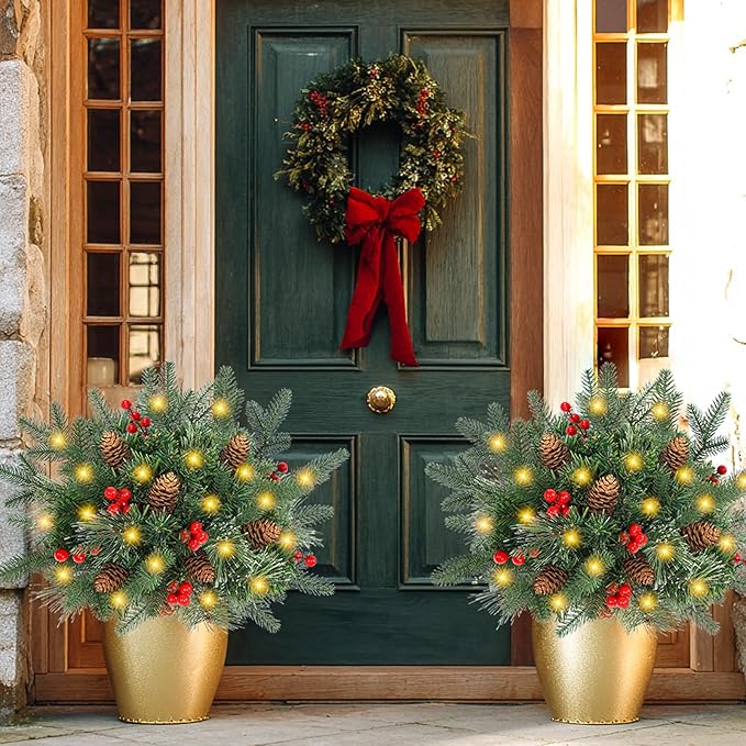 Lighted Artificial Christmas Urn Filler, 2 Pack Small Xmas Pine Tree Outdoor Decorations with Cones, Red Berries & 50 LED Lights, Light Up Planter Filler Decor for Porch Yard, Garden, Cemetery
