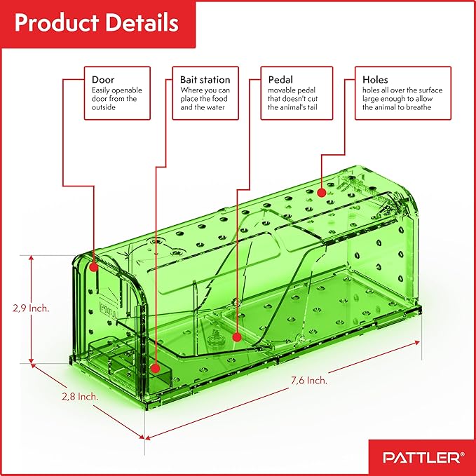 PATTLER® | Large Humane Mouse Trap for Indoor and Outdoor Home | Mechanical Reusable Live Mouse Traps Catch and Release Mice from Garden, Garage, Attic, Inn, Hotel | Green | Pack of 2