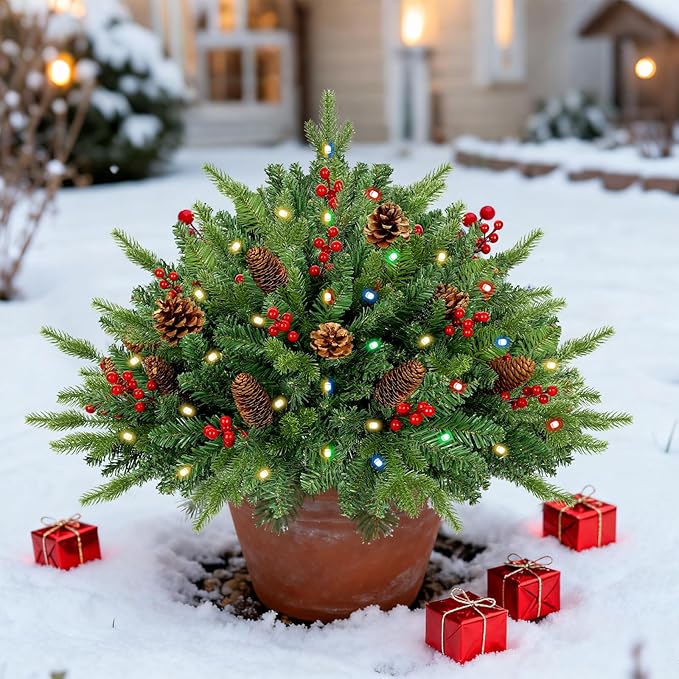 2 Pack 24 Inch Christmas Urn Filler, Dual Color Change & Timer Christmas Tree with Pinecones Red Berries Tripod Stake Battery Operated 8 Mode for Porch Outdoor Xmas Trees Christmas Decorations