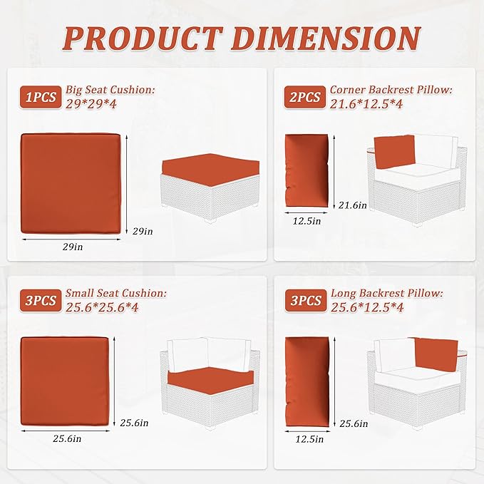 Patio Furniture Cushions, Replacement Outdoor Cushions for 4-Seat Patio Furniture, Waterproof Cushions for Outdoor Sectional Sofa Couch, Orange