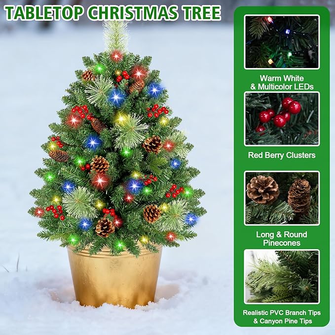 [2 Pack & Timer] 33 Inch Christmas Tree Urn Fillers with 50 Warm & Colorful Change Lights Pinecones Red Berries Tripod Stake Battery Operated 8 Mode for Porch Outdoor Xmas Trees Christmas Decorations