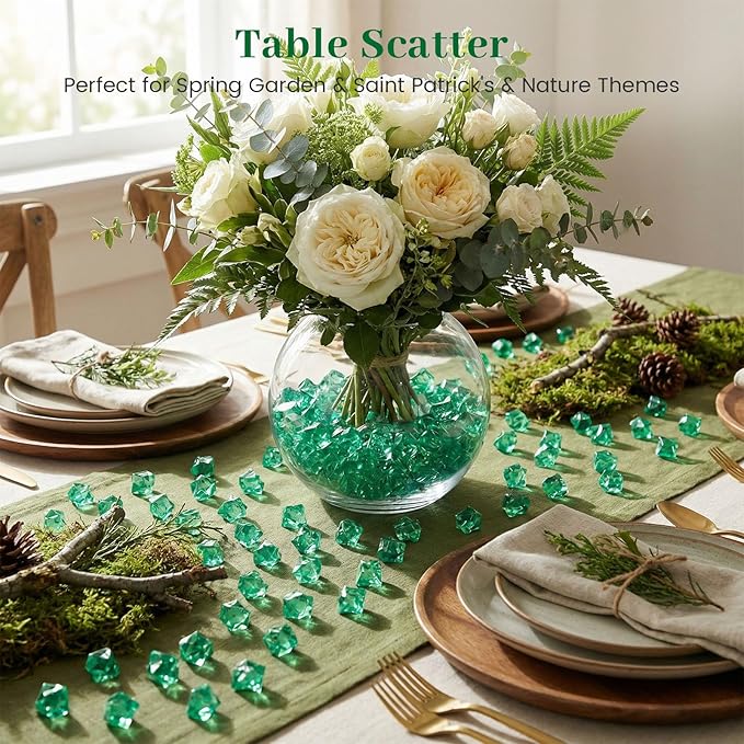 DomeStar 150PCS Fake Ice, Green Acrylic Fake Diamonds Plastic Gems for Vase Fillers Fish Tank Table Scatter Sensory Bin Filler Decoration Pirate Party Treasure Hunt Game Party Favors