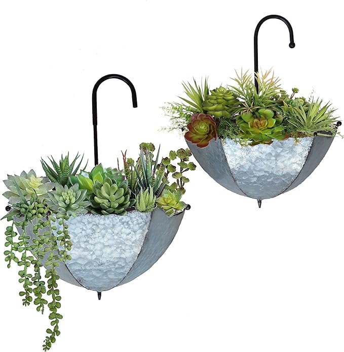GIFTME 5 Set of 2 Galvanized Metal Umbrella Hanging Wall Planter Flower Holder Indoor or Outdoor Garden Succulent Wall Planter Set