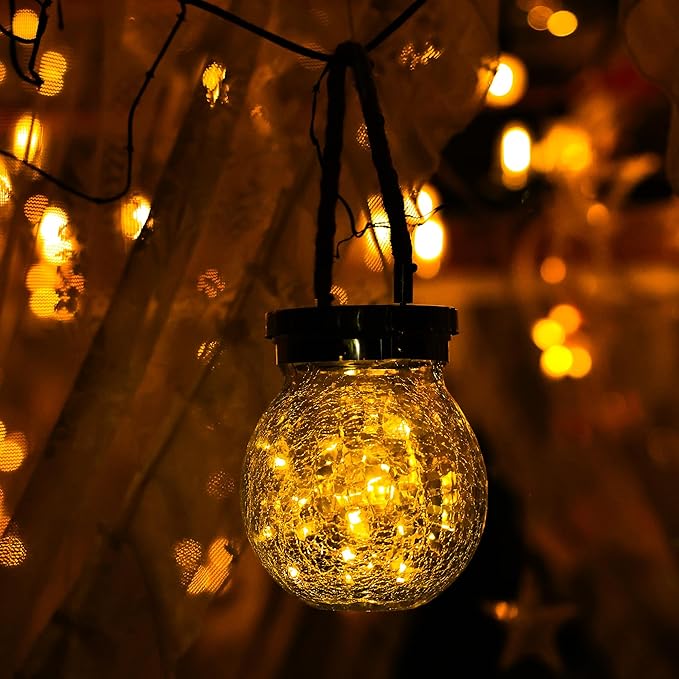 Cooo 6 Pack Valentines Day Gifts for Him Her Solar Lanterns Waterproof Outdoor Heavy Crackle Glass 30 LED Warm Firefly Lights Solar for Women Mom Grandma Outdoor Table Lamps Garden Yard Decor