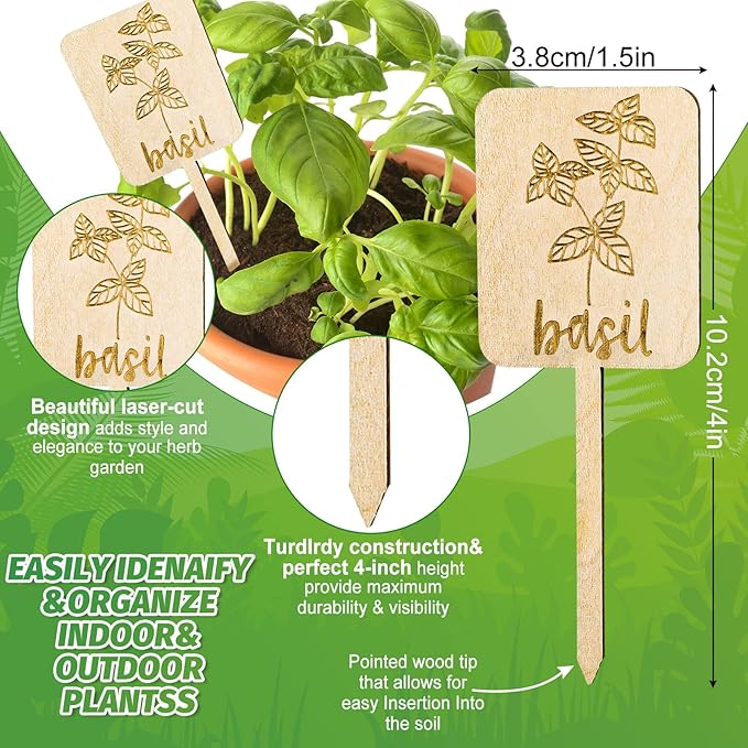 Whaline 24Pcs Wooden Plant Labels Sign Planted Herb Markers Garden Labels with Printed Herb Name Indoor Outdoor Garden Stakes Nursery Plant Tags Gardens Decoration Gift, 12 Styles