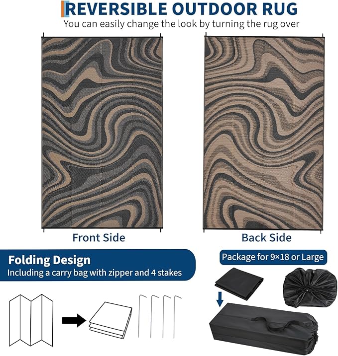 10x20 Large Outdoor Patio Rug Modern Abstarct Plastic Straw Outdoor Rugs Waterproof Foldable UV Resistant Camping Reversible Mats for Deck, Camper, Balcony, Beach, Rv，Black/Gray/Brown