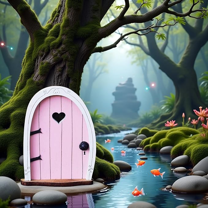 Pink Streak Mini Fairy Garden Door for Tree, 3D Miniature Fairy Door for Fairytale Tiny House Doors, Bonsai Terrarium Micro Landscape Decoration Accessories Garden Miniatures