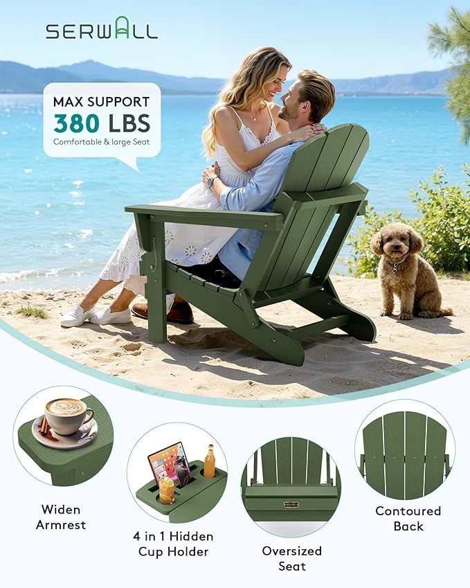 SERWALL Foldable Adirondack Chair Set of 2, Adirondack Chairs with 4 in 1 Cup Holder, Weather Resistant Plastic Chair for Patio Garden Outdoors Fire Pit Chairs - Avocadogreen