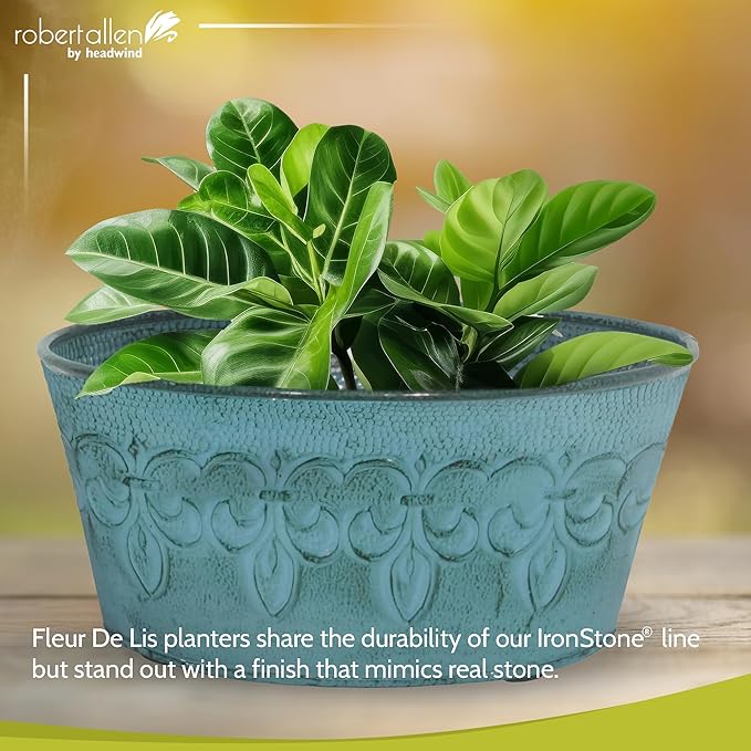 Headwind Ironlite Fleur De Lis Collection – 8" Surf Blue Bowl Decorative Planter with Drain Plug – Lightweight Metal Garden Pots for Indoor & Outdoor Planters Use by Robert Allen