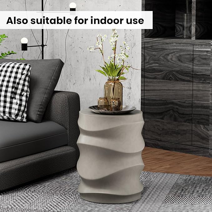 SUNBURY Outdoor Side Table, 18" H Concrete Accent End Table Streamlined, Small Round Cement Plant Stands Table, Decorative Garden Stools for Backyard, Grey