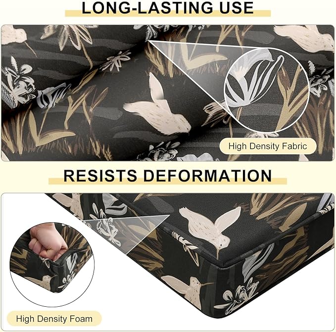downluxe Outdoor Chair Cushions Set of 4, Waterproof 19" x 19" x 3" Patio Chair Cushion with Non-Slip Ties & Handle, Square Outdoor Cushion for Patio Furniture with Removable Cover, Night Bird