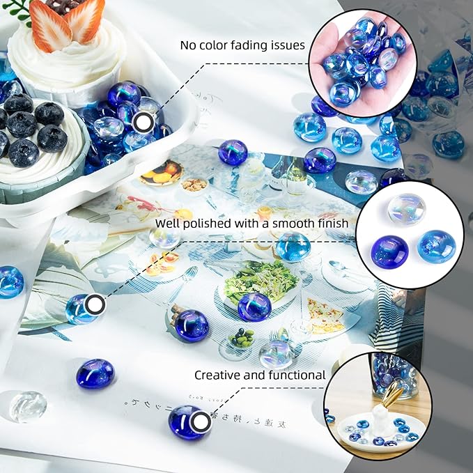 DomeStar 65PCS Iridescent Blue Flat Marbles, Decorative Glass Pebbles Beads Vase Fillers Decorative Fish Tank Aquarium Rocks for Centerpieces Table Decor