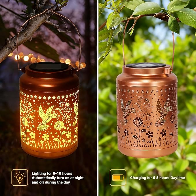 Gifts for Women Mom, Solar Lanterns Outdoor Garden Decor- Solar Lights Waterproof Hummingbird Decorative Hanging Metal Lights Gardening Gift for Outside Yard, Patio, Backyard, Farm