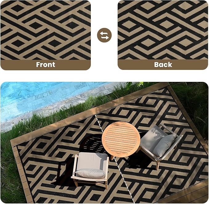 9x12 Outdoor Patio Rug with Carry Bag, Waterproof Outdoor Plastic Straw Rug RV Camping Rug, Reversible Picnic Mat Outside Carpet for Backyard, Campsite, Garden, Deck, Black & Beige