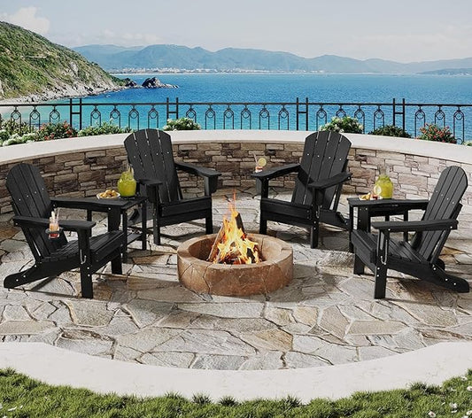 Folding Adirondack Chair Set of 4 with 2 Side Table, All-Weather HDPE Outdoor Chair, Wooden Textured with Cup Holder for patios, Decks, Gardens, fire pits, Black