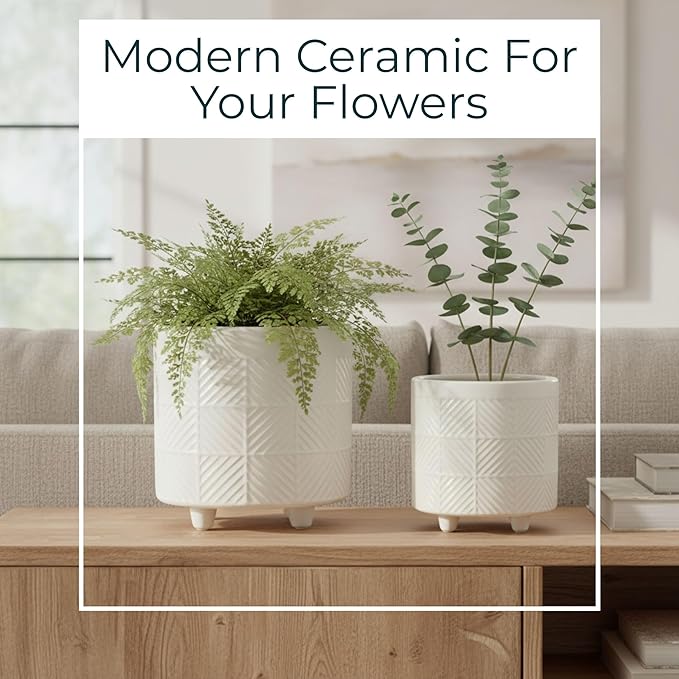 Set of 2 Ceramic Planter Pots – Indoor Planters for Plants, Patio Or Garden Outdoor Decor, Sculpted Petal Design – Home Decor, Ceramic Planters, Outdoor Planter – 8" & 7", White
