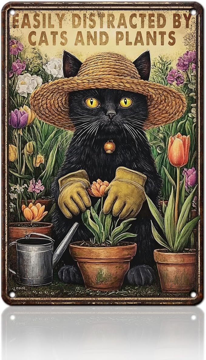 PEACHGARDEN Garden Sign Cat Outside Sign Easily Distracted by Cats and Plants Vintage Funny Metal Wall Art for Home Farmhouse Kitchen Outdoor Gift 8x12inch