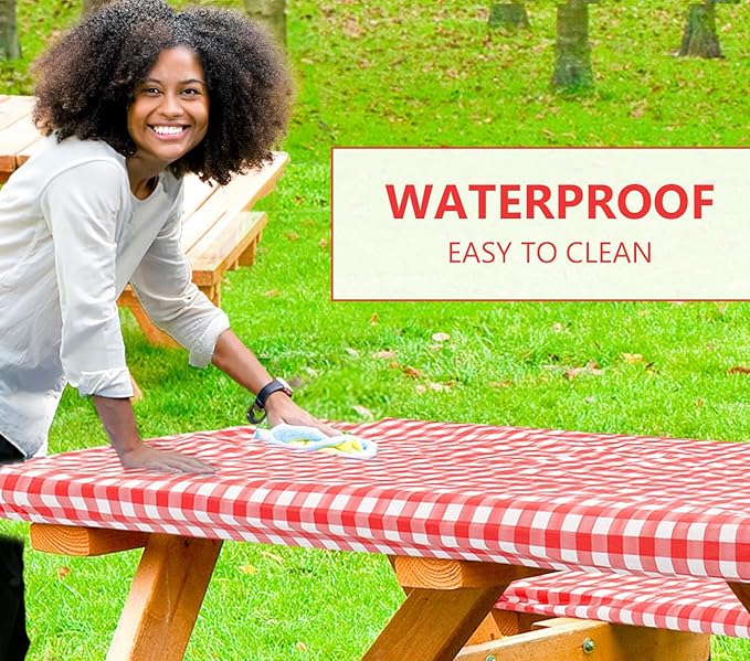 LINPRO 6ft Picnic Table Cover with Bench Covers Vinyl Fitted Picnic Table Covers with Elastic Camping Essentials and picnic tablecloth and RV Accessories with bag