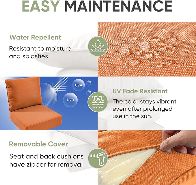 Outdoor Furniture Cushions, 6 inch Thick Seat Cushions for Outdoor Furniture, Waterproof 22x24 Patio Couch Cushions, Replacement Chair/Sofa Cushion, Include 4 Back & 4 Seat Cushion, Thick/Orange