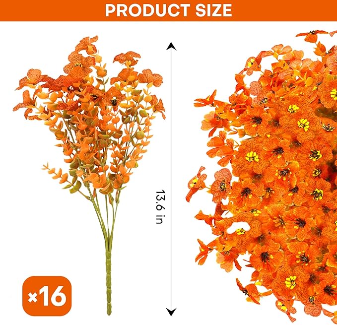 16 Bundles Artificial Mums for Outdoors Garden Home Decoration Fake Mums Decoration UV Resistant Fake Mums Silk Faux Flower Plastic Plants for Outside No Fade Fall Decor for Front Porch Pot Decor