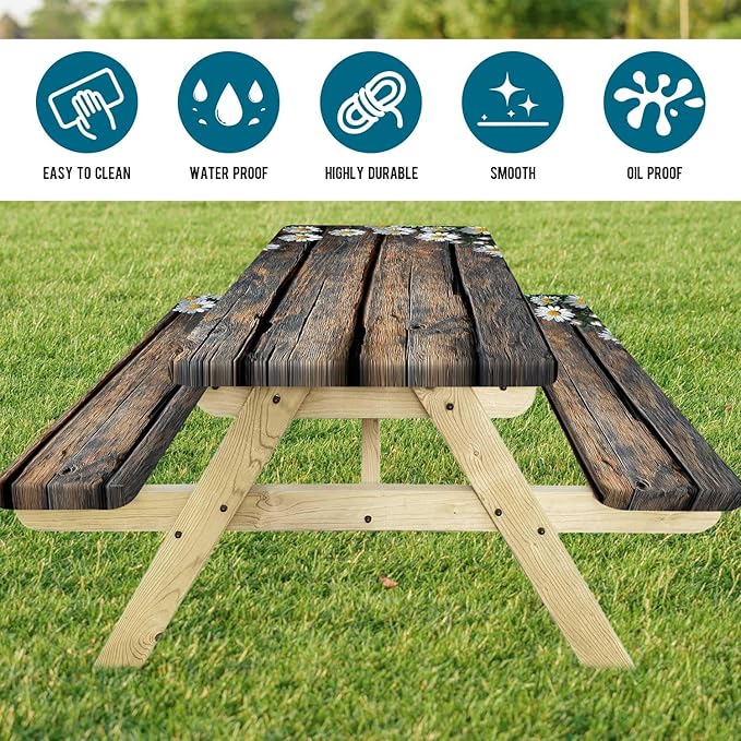 Picnic Table Cover with Bench Cover, Outdoor Patio Camping Essentials Farmhouse Daisy Table Covers with Elastic Waterproof Camping Tablecloth with Drawstring Bag, 72In 3PCS