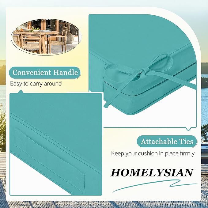 Waterproof Outdoor Chair Cushions Set of 2, Square Outdoor Seat Cushions with Ties and Removable Covers, 22 x 22 Outdoor Cushions for Patio Furniture with Portable Handle(Teal)