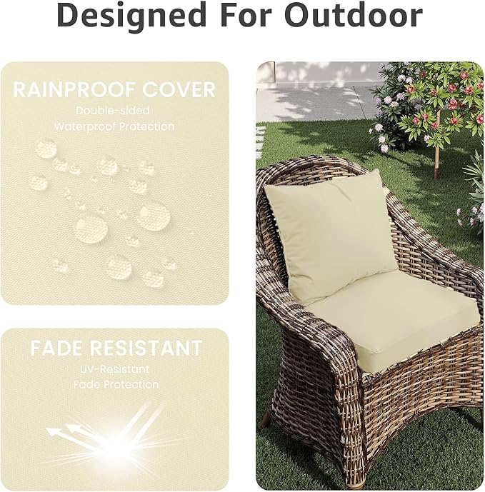 Outdoor Chair Cushions 22 x 22 x 3 Inch, Waterproof & Fade Resistant Patio Seat Cushion for Furniture with Handle and Ties, Thick Seating Pads for Outside Sofa Couch Set of 2, Beige