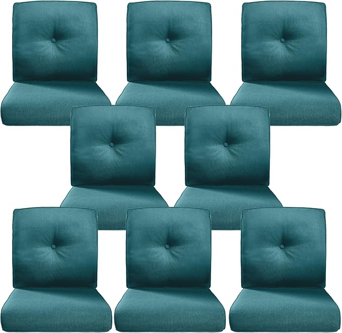 Belord Luxury 4" Thick Outdoor Cushion 8 Set - 22 x24 Inch 28D Sponge Filling Fade-Resistant Chair Cushion, Spill Proof Removable Patio Furniture Replacement Cushions for Sofa Bench - Peacock Blue