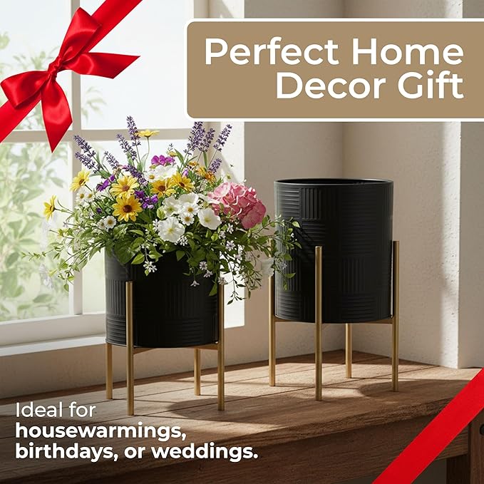 Decorative Flower Pots with Metal Stand for Home Decor - Modern Planters for Hallway, Entryway, and Living Room Decor - Indoor and Outdoor Pots for Plants - Set of 2, 23", 19", Black & Gold
