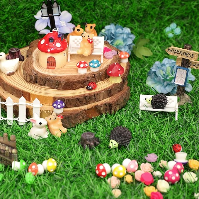 100 PCS Mini Fairy Garden Accessories Kit Outdoor Mushroom Tiny Animal Miniatures Garden Figurines Landscape Ornaments for Bonsai Terrarium House Plant Party Decoration Supplies