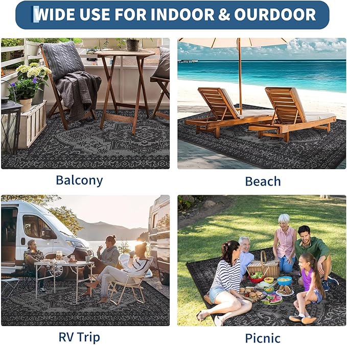 COZYLOOM Outdoor Patio Rug 9x18 Waterproof Reversible Plastic Straw Mat, Large Indoor Outdoor Rugs Vintage Medallion Area Rug for Deck, Balcony, Pool, Camping, Beach, Picnic, Porch, RV
