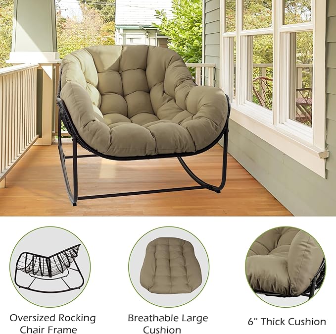 Papasan Rocking Chair, Oversized Papasan Chair with Cushion and Frame for Indoor& Outdoor, Deep Seat Egg-Shaped Rocker Chair for Garden, Deck, Living Room, Beige