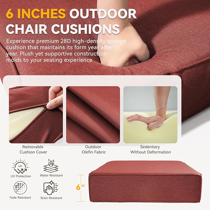 Outdoor Cushion Set for Furniture Patio Furniture, UV Resistant, Water Resistant - 6 Inch Thick Foam Garden Cushions – 22x24 Inch Patio Seat Covers for Chair/Sofa/Couch | Red | 10-Pack |