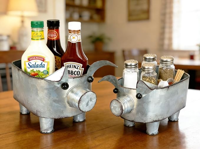 Galvanized Metal Pig Bowl Farmhouse Pig Storage Holder for Bathroom Kitchen Living Room Set of 2,Big and Small