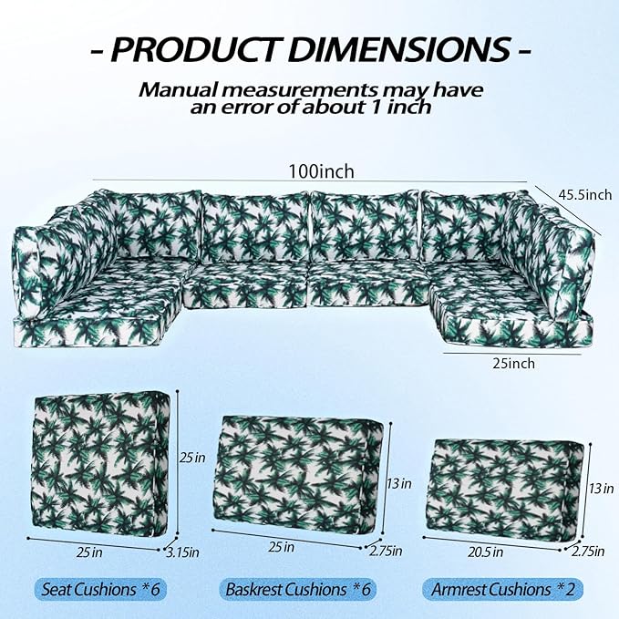 Patio Furniture Cushions,14Pieces Water-Resistant Outdoor Replacement Cushions,Sectional Sofa Cushions for Fits 6-Seats Rattan Wicker Patio Conversation Sets(Palm Leaves)