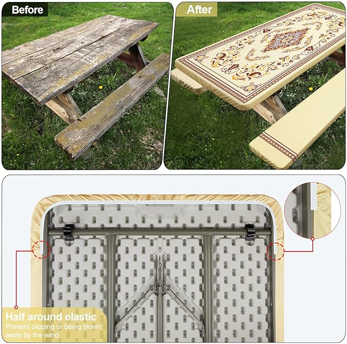 Picnic Table Cover with Bench Covers Camping Essentials Waterproof Windproof Camping Tablecloth with Drawstring Bag, Fitted Rectangle Tables and Seats, 96in, Light Brown