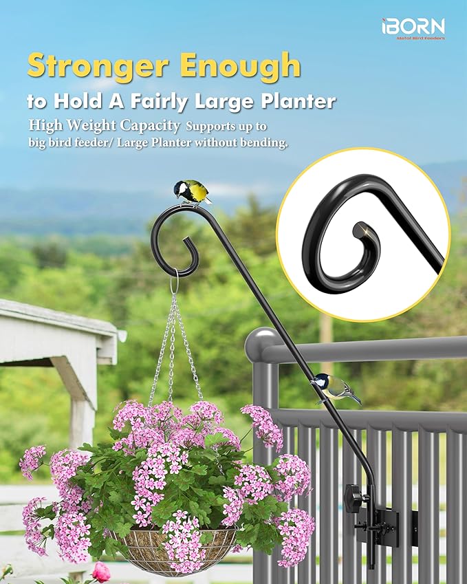 iBorn Fence Deck Hook Rail Hook Heavy Duty Bird Feeder Pole 13 Inch Solid Wire Deck Hanger Suitable for Hanging Flower Baskets Wind Chimes Planters Bird Feeders Lights, 180 Degree Swivel, 2 Pack