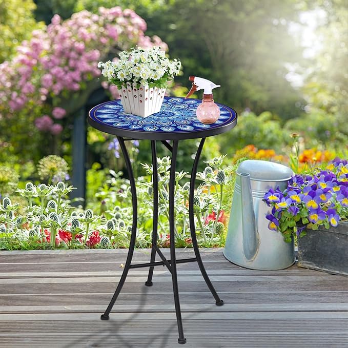 Vipush Mosaic Outdoor Side Table, 14" Round Folding Plant Stand for Patio Garden Backyard Balcony Porch Indoor Accent End Table for Living Room, Ceramic Tabletop with Black Iron, Blue Feather