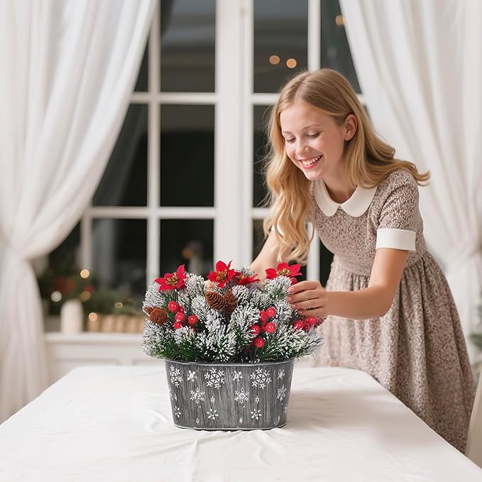 Christmas Centerpiece Table Decorations, Artificial Norfolk Pine with Poinsettia Flowers, Pine Cones & Berries in Metal Planter, Dining Table & Coffee Table Centerpiece for Christmas Décor, 1-Pack