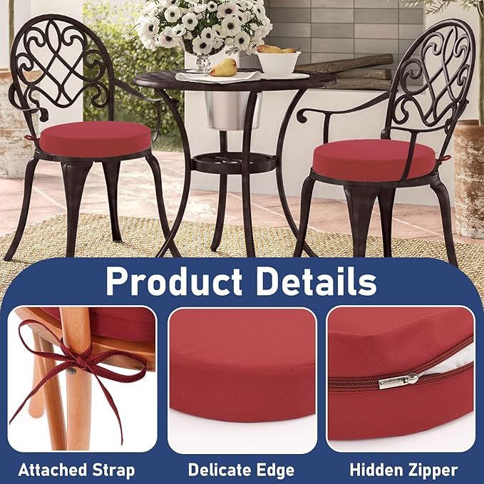 Topotdor Outdoor Bistro Chair Cushions Set of 2, 15"x15"x3" Waterproof Patio Chair Cushions for Outdoor Furniture, Round Outdoor Seat Cushions Color Fastness Chair Pads with Ties, Bright Red