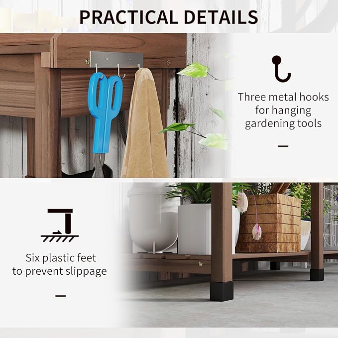 Outsunny Potting Bench Table, Outdoor Garden Table Wooden Work Station with Removable Sink, Faucet, Drawer, Shelves, Hooks, Dark Brown