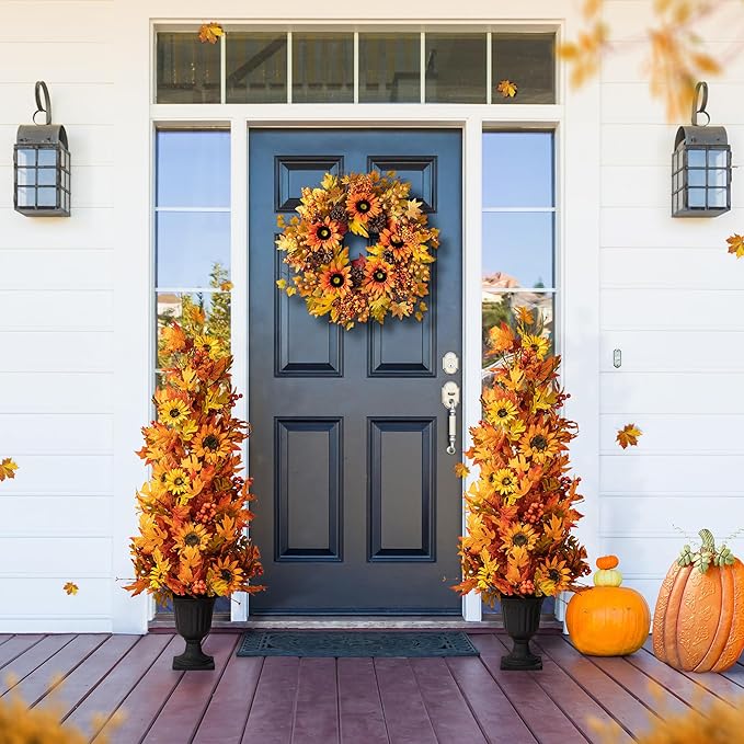 Glitzhome 2 Pcs 4FT Lighted Maple Tree with Timer, Artificial Fall Autumn Maple Leaf & Sunflower Urn Porch Tree with 20 Warm White LEDs for Autumn Fall Harvest Thanksgiving Christmas Decoration