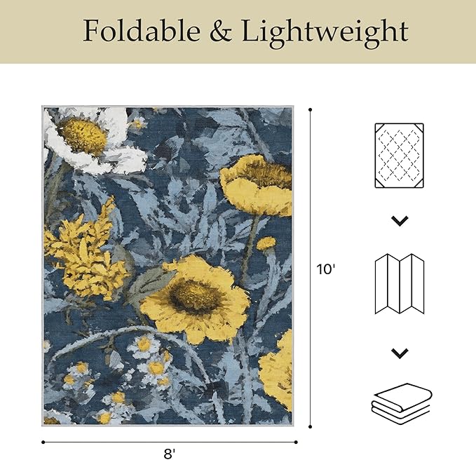 GENIMO Indoor Outdoor Area Rug 8'x10', Machine Washable Rugs for Patio, Waterproof, Non-Slip Easy Cleaning Floral Outdoor Mat Carpet for Living Room, Bedroom, RV, Balcony, Deck, Camping, Blue