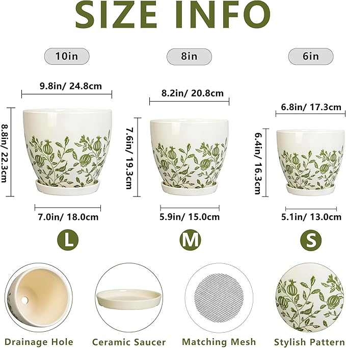 Ceramic Flower Pots Indoor - 10+8+6 Inch Ceramic Planters for Outdoor Plants, Boho Round Planter Pots with Drainage Holes and Saucers, Plant Lover Gifts, Patio Decor, Set of 3, White