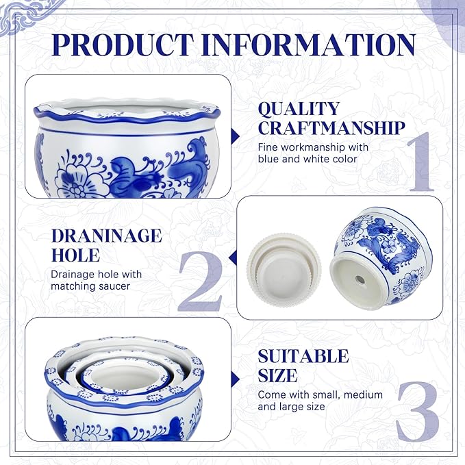 Set of 3 Blue and White Porcelain Flower Pots 7.2'' 6'' 4'' Decorative Chinoiserie Plant Pots with Drainage Hole Saucers Ceramic Planters for Indoor Garden(Elegant Style)