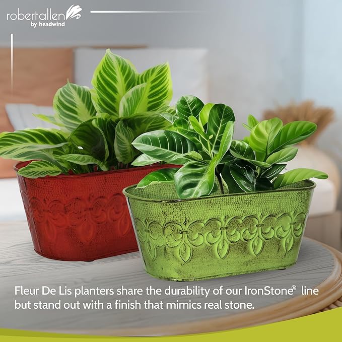 Headwind Ironlite Fleur De Lis Collection – 10" Tansy Green Oval Decorative Planter with Drain Plug – Lightweight Metal Garden Pots for Indoor & Outdoor Planters Use by Robert Allen