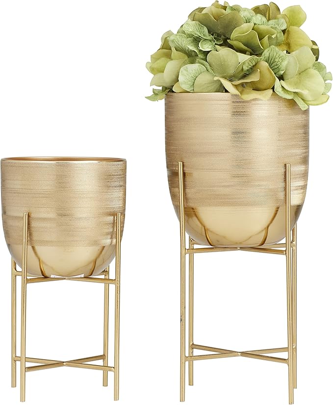 Deco 79 Metal Indoor Outdoor Planter Small Planter Pot with Removable Stand, Set of 2 Planters, 12"H, 9"H, Gold