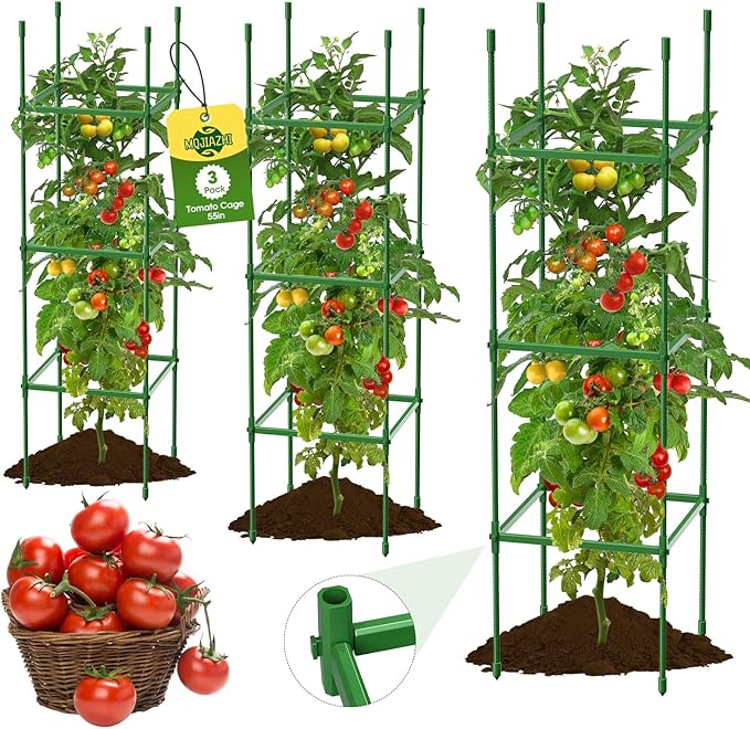 6 Pack Tomato Cages for Garden, Up to 55Inch Square Tomato Plant Cage, Upgraded Hexagon Connector, Heavy Duty Adjustable Tomato Stake Support for Garden Climbing Vegetables Flowers Fruits